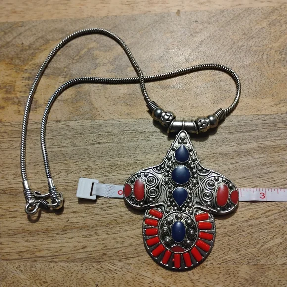 Silver Pendant Necklace with Blue & Coral Red Accents NEW - Picture 5 of 14
